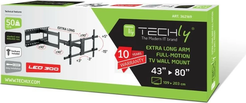 Mbajtës muri për TV Techly 362169, 43-80 inç, rrotullues, 50 kg, i zi