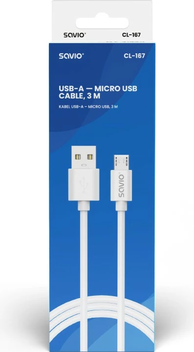 Kabllo USB-A në micro USB Savio CL-167, 3m, Bardhë