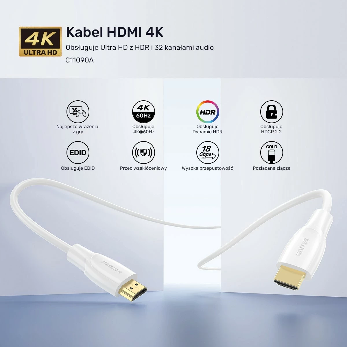 Kabëll HDMI Unitek 2.0 4K, 1.8m, bardhë
