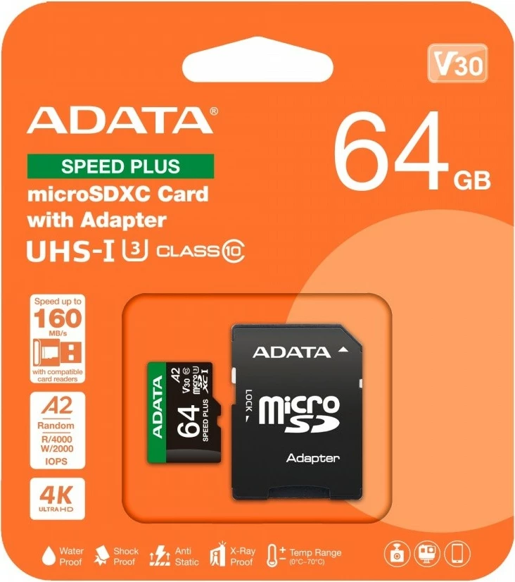 Kartelë memorie microSDXC Adata Speed Plus 64GB me adapter, e zezë