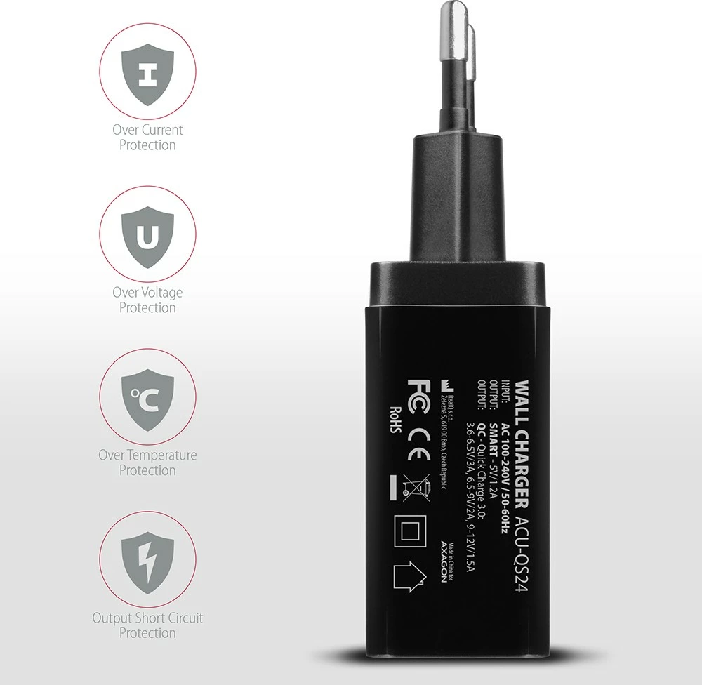 Karikues rrjeti AXAGON ACU-QS24, 24W, 2x USB-A, QC3.0/AFC/FCP, i zi