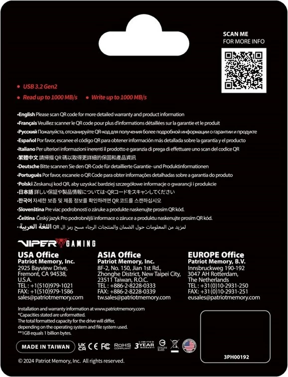 SSD i jashtëm Patriot Viper PVP30 Duo Compact 1TB, USB A+C 3.2 Gen2