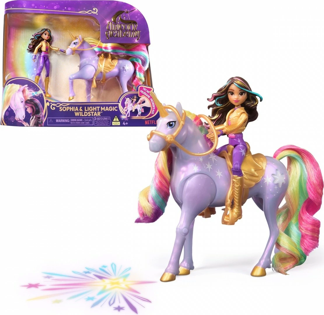 Set figurina Unicorn Academy Spin Master Sophia dhe Star me drita, 12 cm + 7.5 cm, shumëngjyrëshe