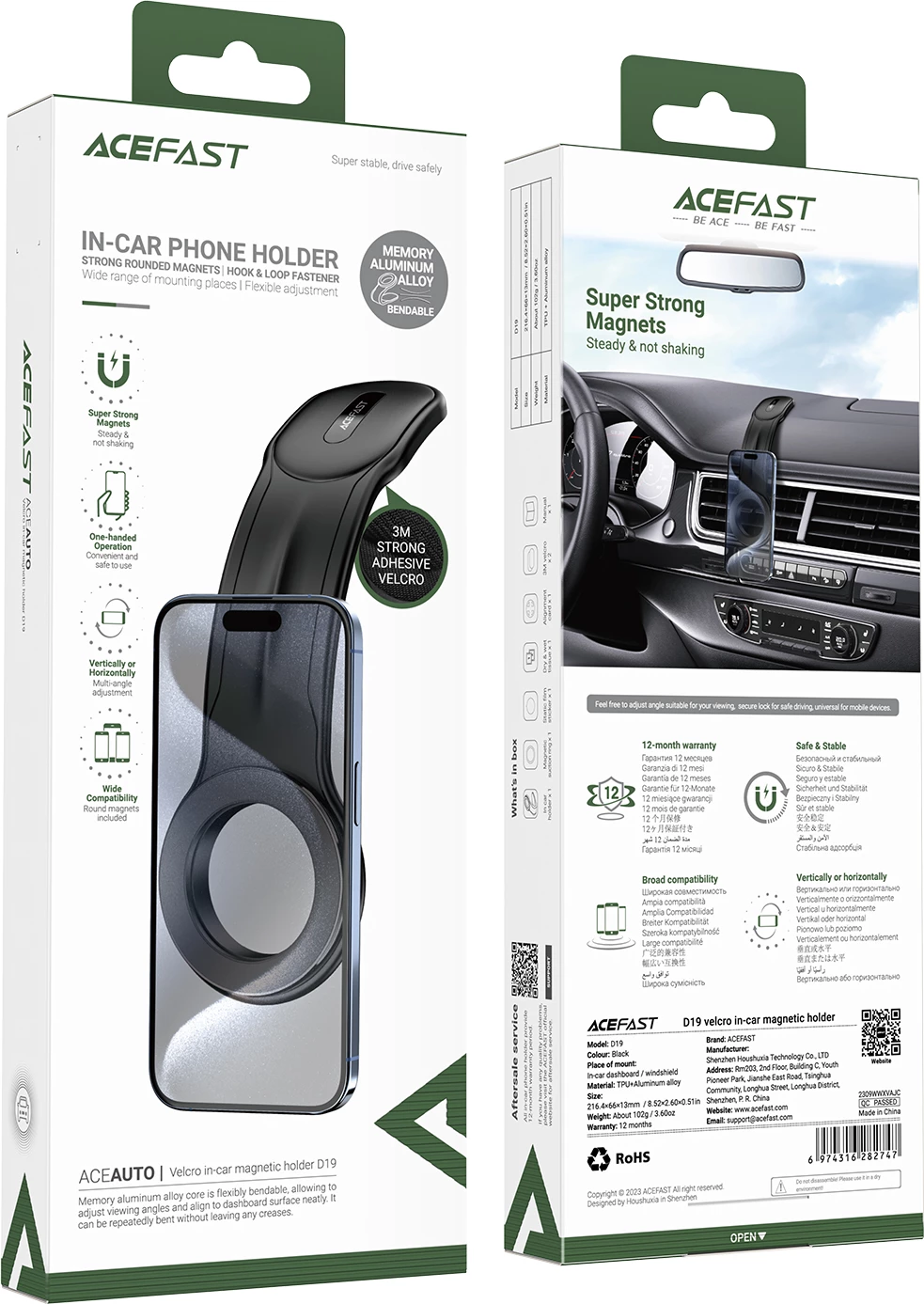 Mbajtës magnetik për makinë Acefast D19 për panel, i zi