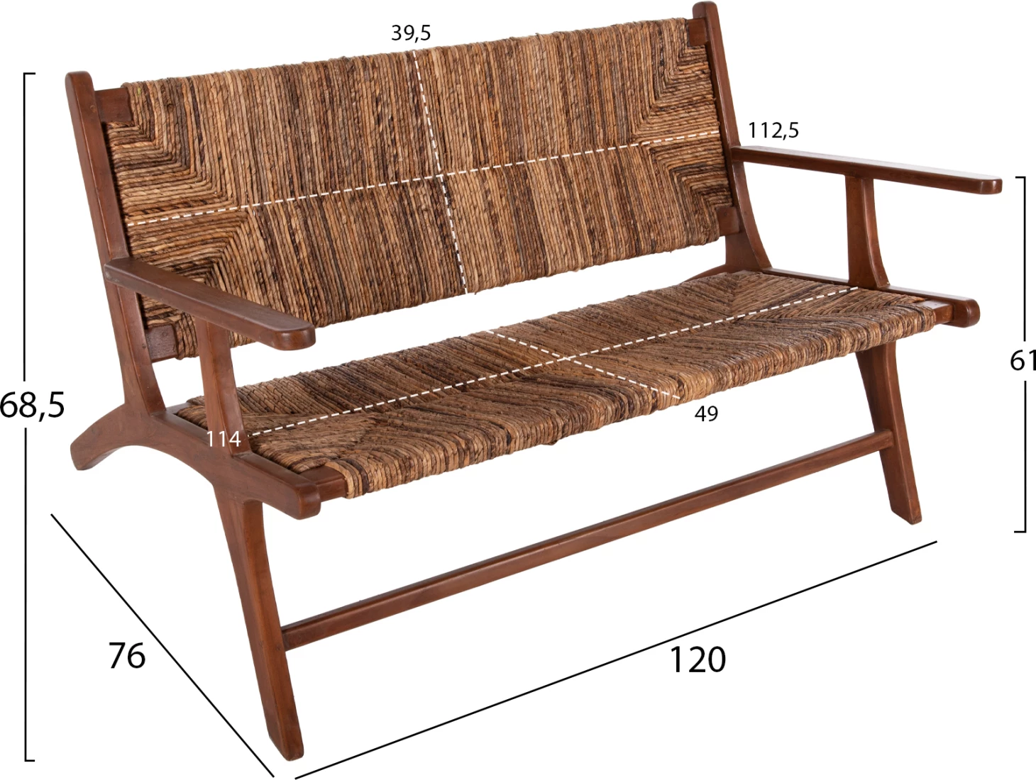 Divan për jashtë 2-vendësh, dru teak, litar banane, 120x76x68,5 cm