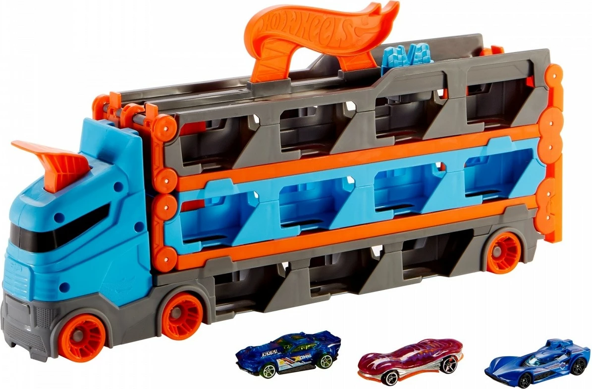 Kamion lodër Hot Wheels Race Transporter 2-in-1 me 3 makina, kaltër/hiri/portokalli