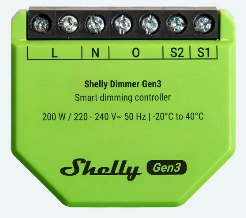 Dimmer Shelly Dimmer Gen3, wireless, kontroll me aplikacion, për LED, zi/lime