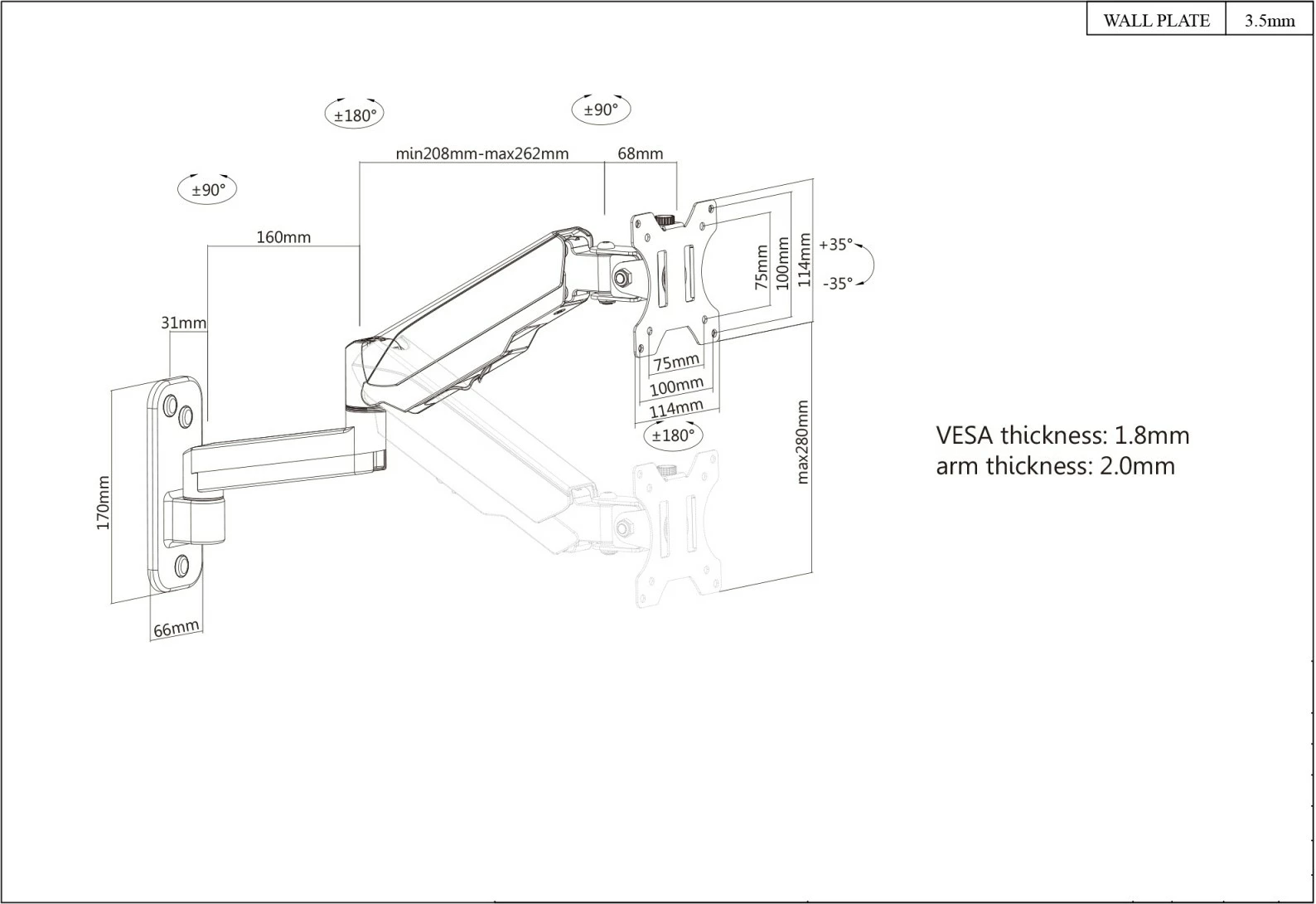 Mbajtëse muri për TV/monitor Manhattan 461610, 17-32 inç, gas spring, e zezë