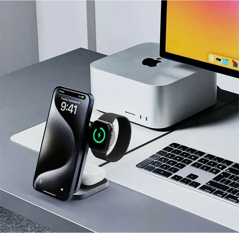 Karikues wireless 3-në-1 AUKEY LC-MC312 MagSafe Qi2, 15W + Karikues PD 30W, Gri, me etui