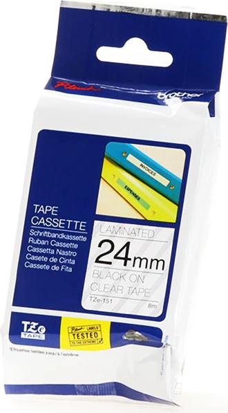 Kasetë etiketimi Brother TZe-151 24mm 8m e laminuar, e zezë në transparente