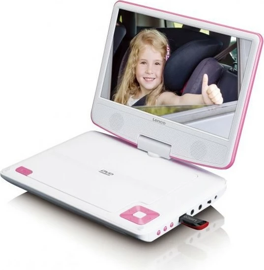 DVD Player portativ Lenco DVP-910, 9 inç, USB, me mbajtëse për makinë, rozë/bardhë