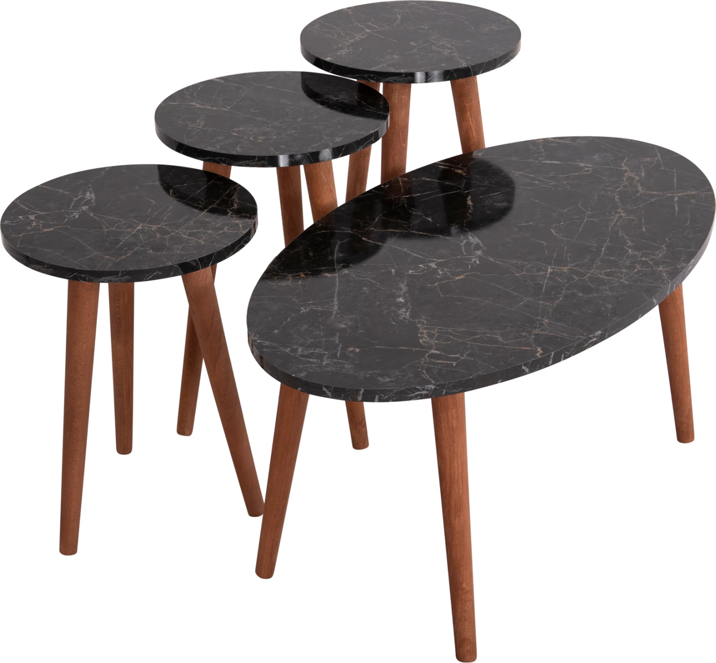 Set tavolinash kafeje dhe 3 tavolina anësore VITAL FH18180.02 melaminë, ngjyrë mermeri të zi, këmbë druri ngjyrë arre