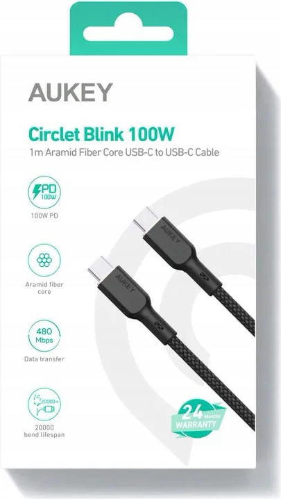 Kabllo USB-C në USB-C AUKEY CB-KCC101, 1m, Kevlar, 100W, E zezë