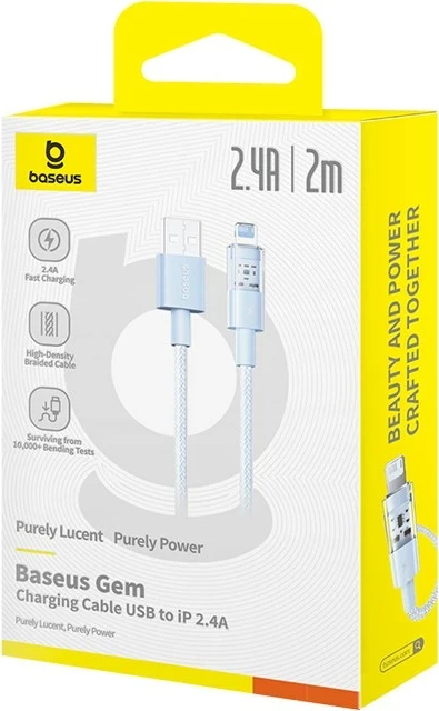 Kabllo Baseus Gem USB në IP, 2.4A, 2 m, Blu