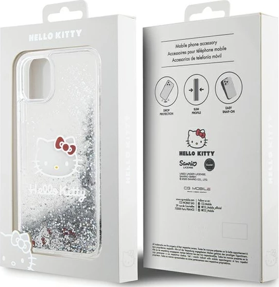 Mbështjellës Hello Kitty Liquid Glitter Charms Kitty Head për iPhone 11/XR, Argjend