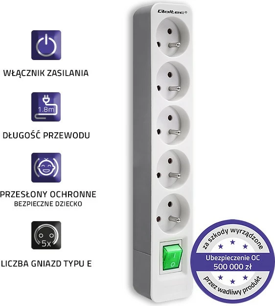 Prizë Qoltec 50290 me 5 dalje, 1.8m, bardhë-gri