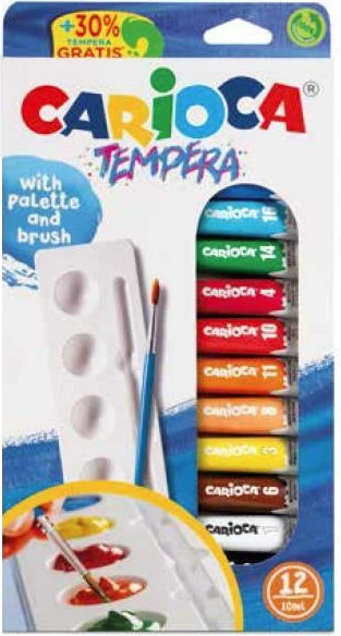 Ngjyra tempera Carioca 12 Ngjyra 10ml me paletë dhe brushë