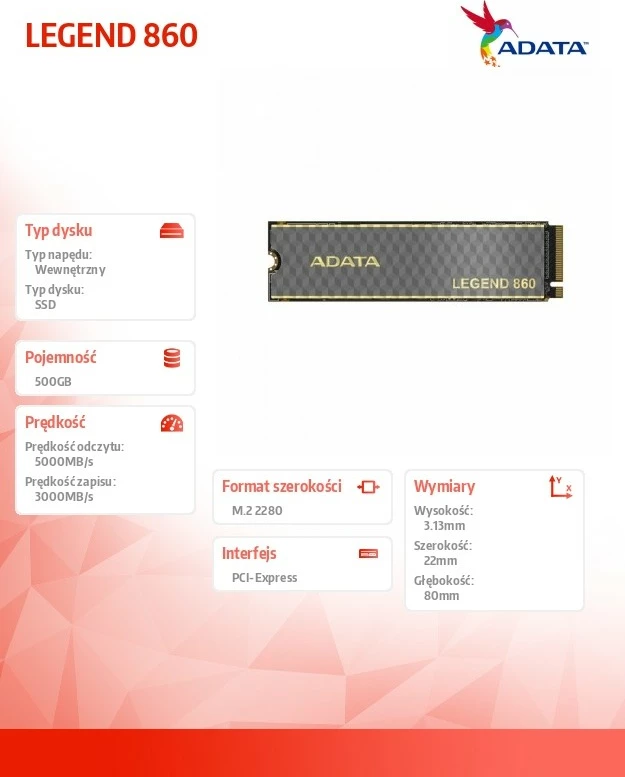 SSD Adata LEGEND 860, 500 GB, M.2 2280, PCIe 4.0