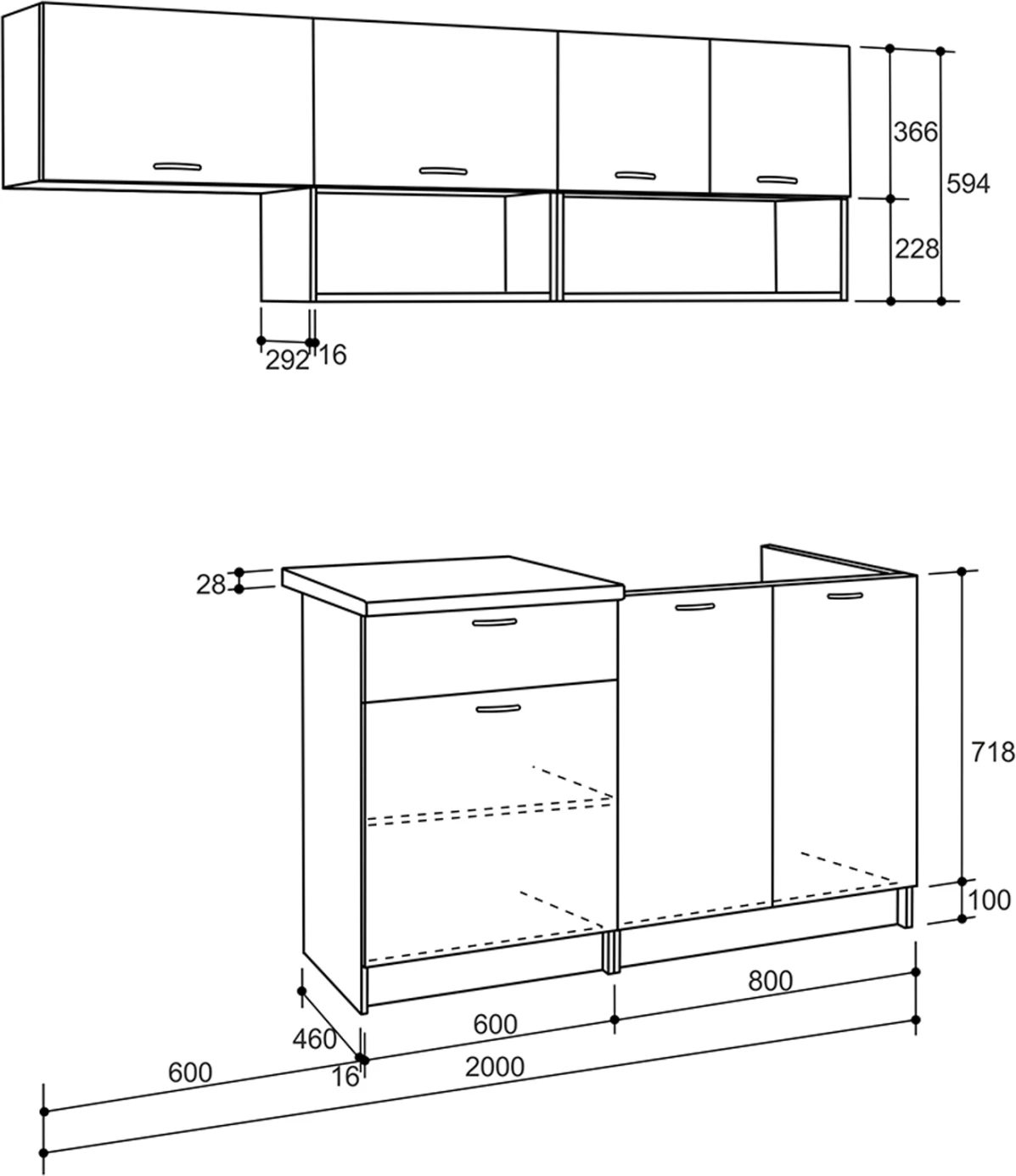 Kompozim kuzhine Rodney, FH2440.10, melamin gri me sipërfaqe të bardhë, 200x46-29,2 cm