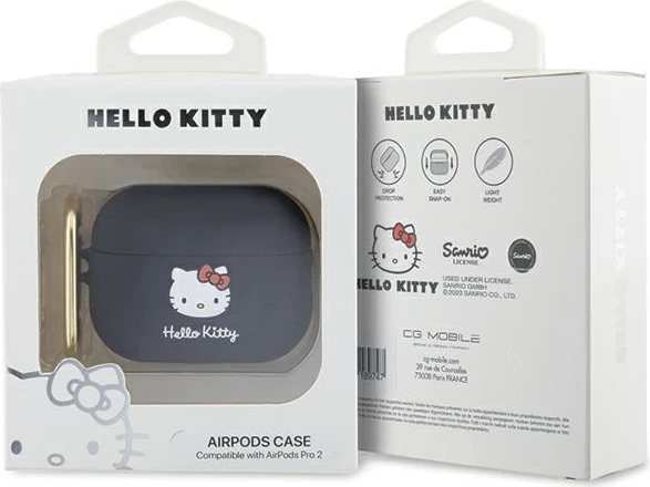 Mbështjellës Hello Kitty për AirPods Pro 2, silikon 3D, i zi, me unazë
