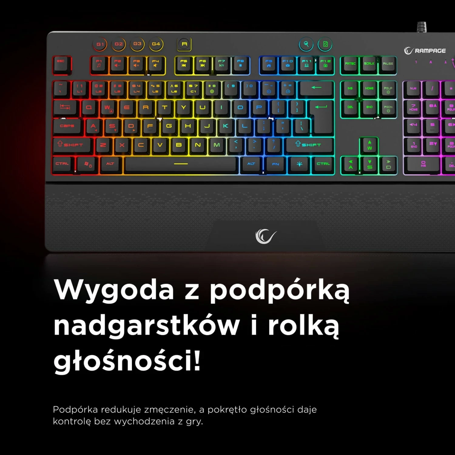 Tastierë gaming Rampage Simula RGB, full-size, me mbështetëse, e zezë