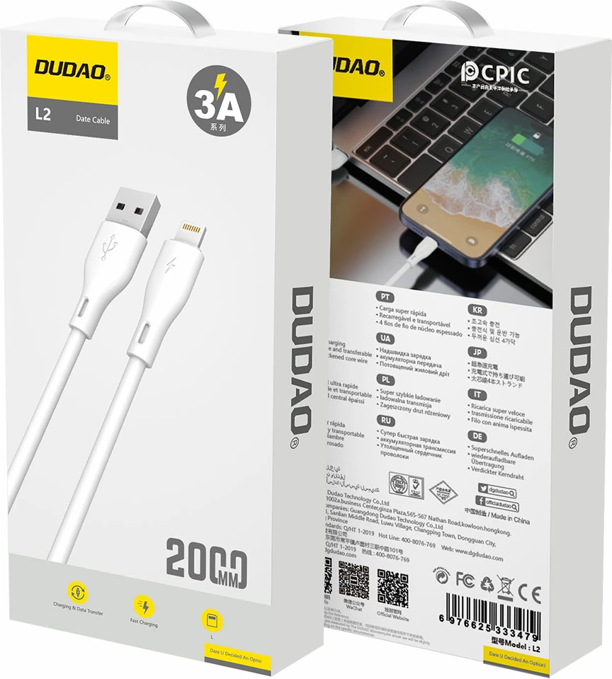 Kabllo Dudao L2L, USB-A në Lightning, 2m, 3A, Bardhë