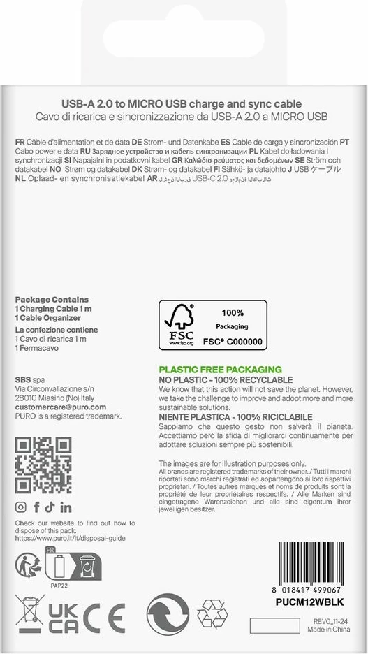 Kabllo Puro PUCM12WBLK USB-A në microUSB, 1m, 12W, e zezë