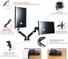 Mbajtës tavoline për 2 monitorë ART L-13GD, me gaz, 13-27", i zi