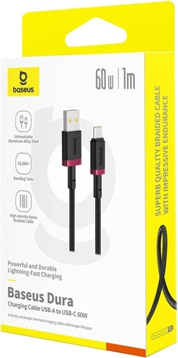 Kabllo Baseus Dura USB Type A në Type C, 60 W, 1 m, E kuqe