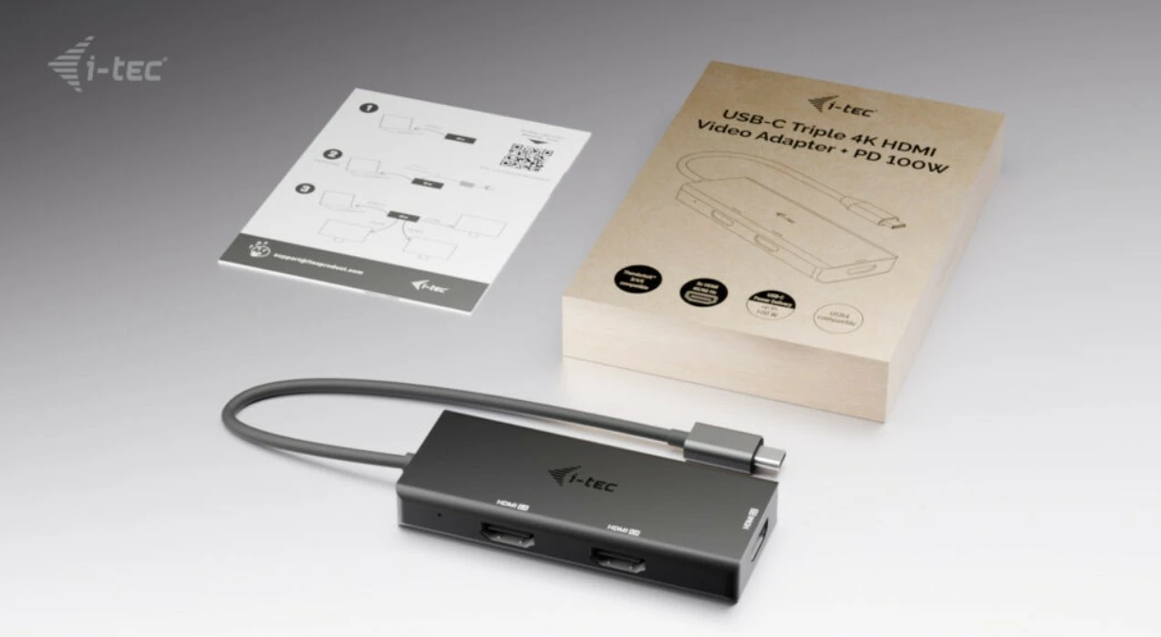 Stacion dokimi USB-C, i-tec, C31TRIPLE4KHDMIPD, 3x HDMI 4K/60 ose 1440p/144 Hz, Power Delivery 100W, kabllo 20 cm, e zezë