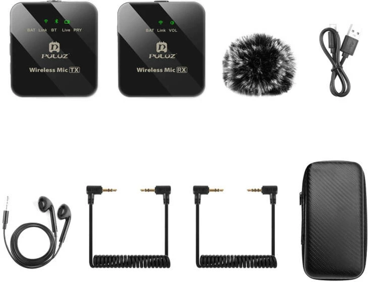 Mikrofon lavalier wireless Puluz PU3154B, 2 transmetues + 1 marrës, i zi