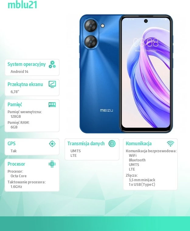 Celular MEIZU mblu21, 6 GB RAM, 128 GB, Blue