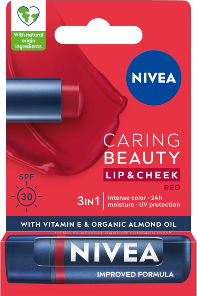 Buzëkuq për femra Nivea Caring Beauty Nourishing Lipstick 3-in-1, Red, 4.8g