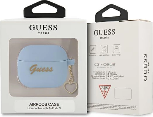 Mbështjellës Guess për AirPods 3, Charm Heart Collection, silikon, kaltër