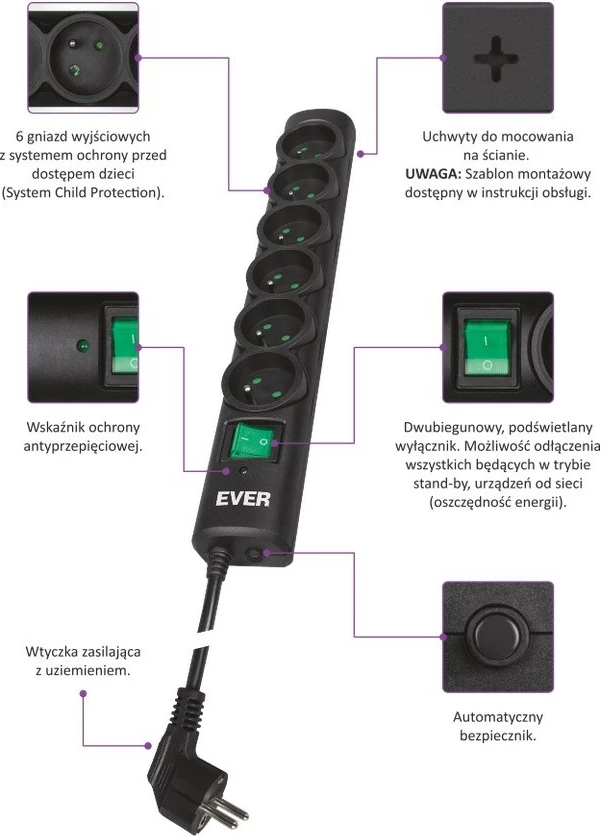 Prizë mbrojtëse EVER Optima T/LZ08-OPT050/0000, 6 dalje, 5m, e zezë