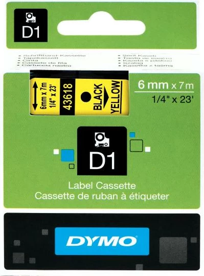 Kasetë shiriti etiketas Dymo D1 43618 6mm x 7m, zi në të verdhë