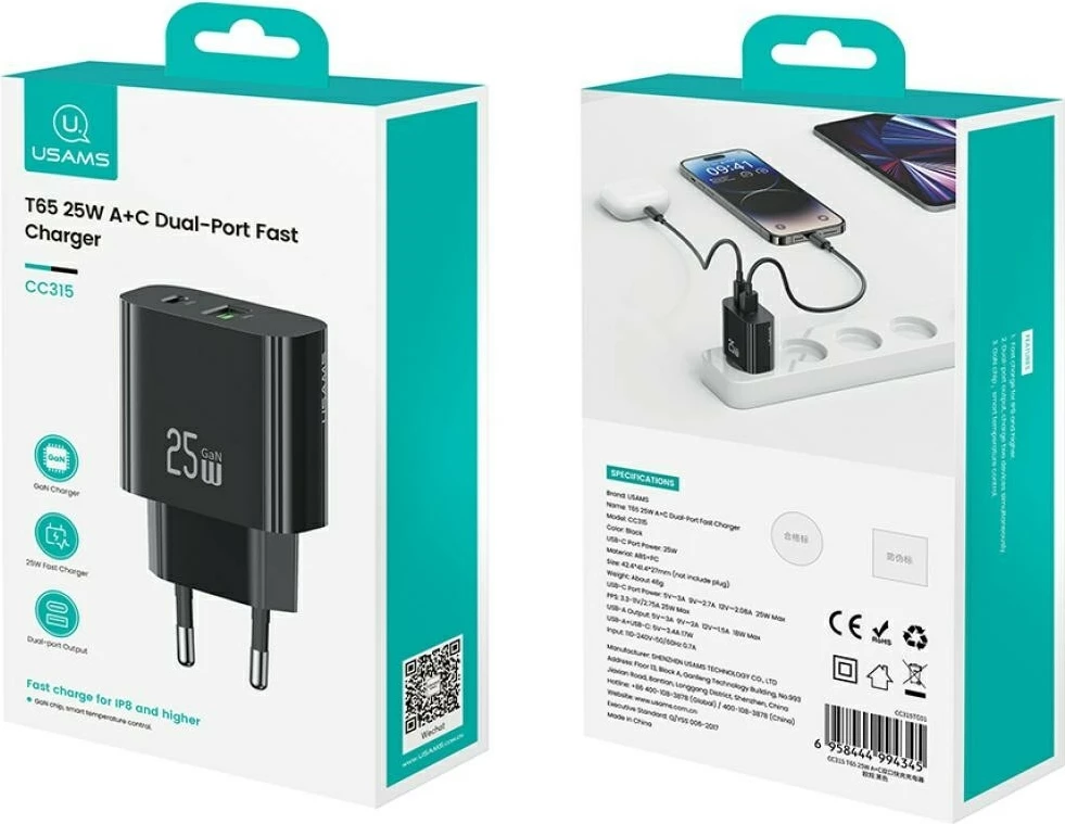 Karikues muri USAMS CC315 T65, 25W, 1xUSB-C, 1xUSB-A, i zi
