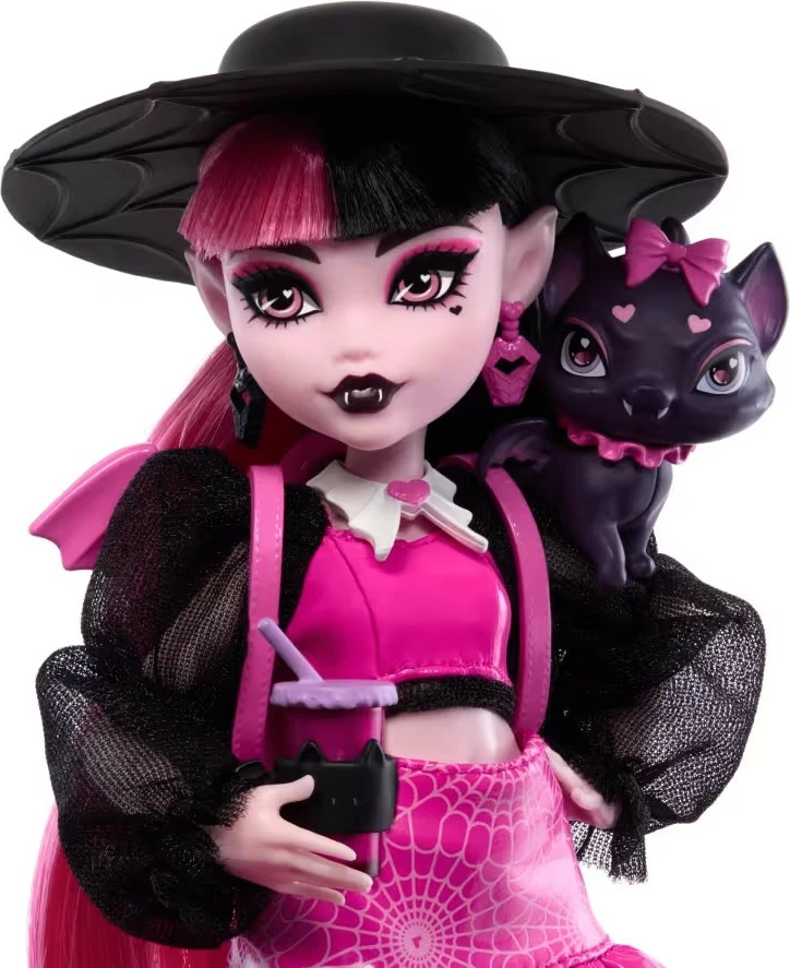 Kukull Monster High Mattel Draculaura HRP64 me aksesorë, rozë/zezë, me Count Fabulous
