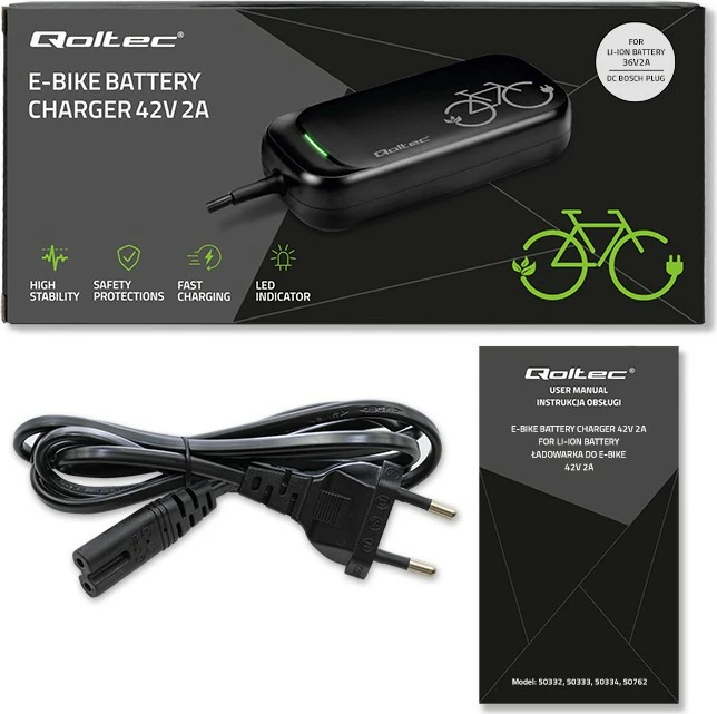 Karikues për biçikletë elektrike, Qoltec, 50762, 42V 2A 84W për bateri 36V Li-ion, prizë Bosch, IP54, me kabllo rryme, i zi