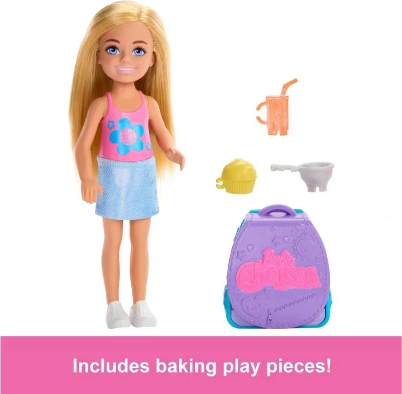 Lodër Barbie Chelsea me çantë shpine dhe aksesorë pjekjeje, Mattel JBL46, për vajza