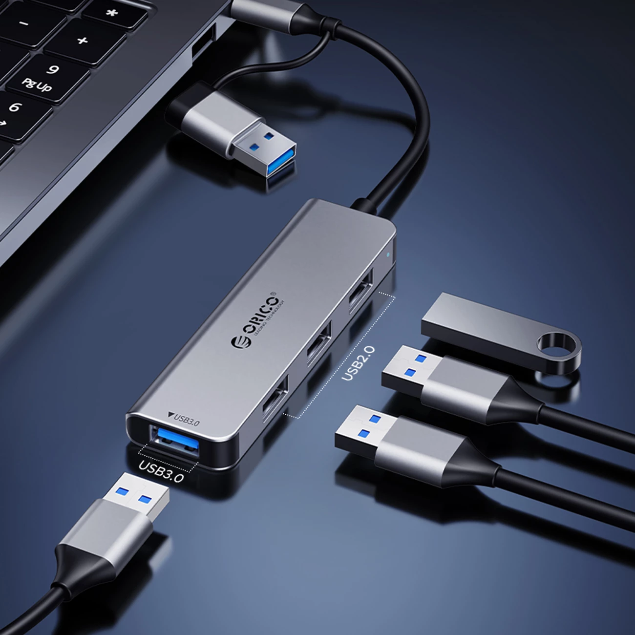 Kasë Orico YSA5-U3, 4 porta USB (3x USB-A 2.0, 1x USB-A 3.0), kabllo 2-në-1 USB-C/USB-A, Gri