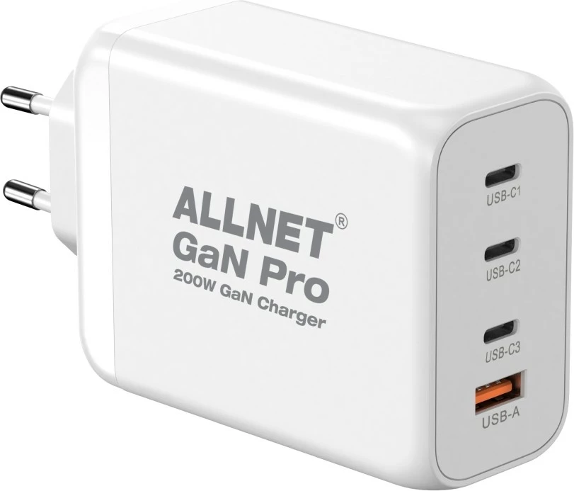 Adapter ALLNET GaN Pro 200W, 1x USB Typ-A QC, 3x USB Typ-C, EU Plug