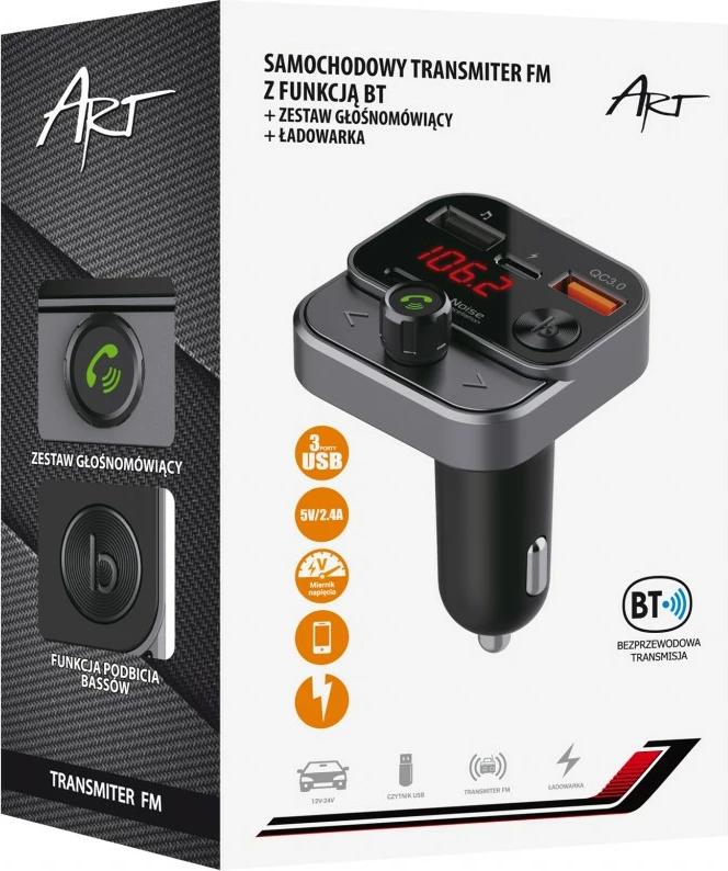 Transmetues FM për veturë ART MP3TR FM-84B, Bluetooth, USB QC3.0, Ekran LED, Zezë/Grafit