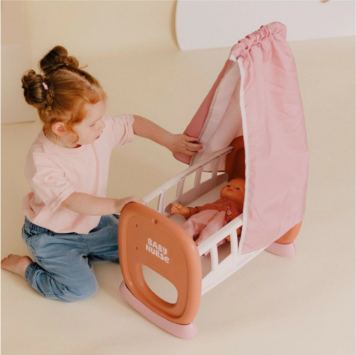 Djep lodër Smoby Baby Nurse 7600220391, plastikë e ricikluar, kafe/rozë/e bardhë