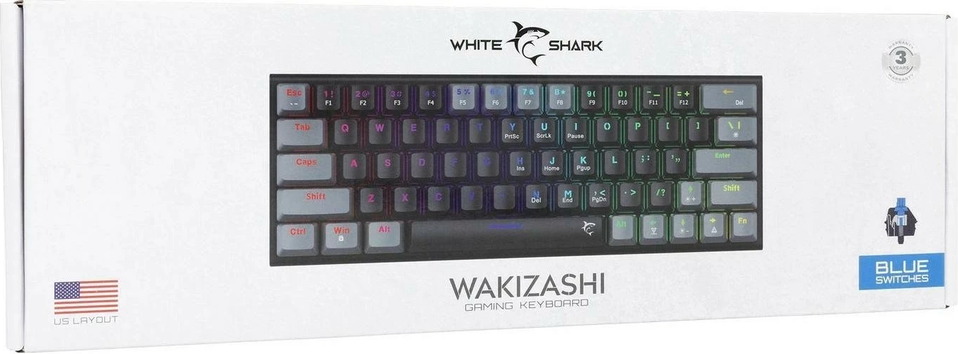 Tastierë mekanike White Shark Wakizashi-2, 65%, RGB, blue switch, black-grey
