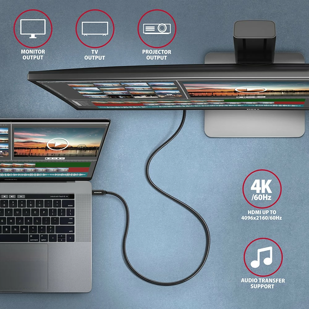 Kabllo USB-C në USB-C AXAGON BUCM32-CM05AB, 0.5m, 100W, 20Gbps, 4K, e zezë