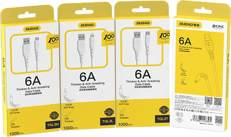 Kabllo USB në USB Type-C Dudao TGL3T, 1m, 6A, Bardhë