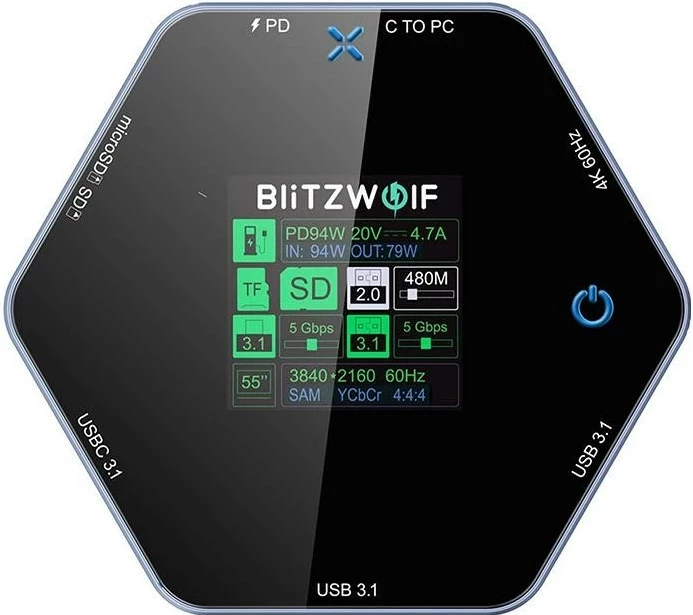 Docking station BlitzWolf BW-TH16, USB 100W, LCD Smart Display, e zezë