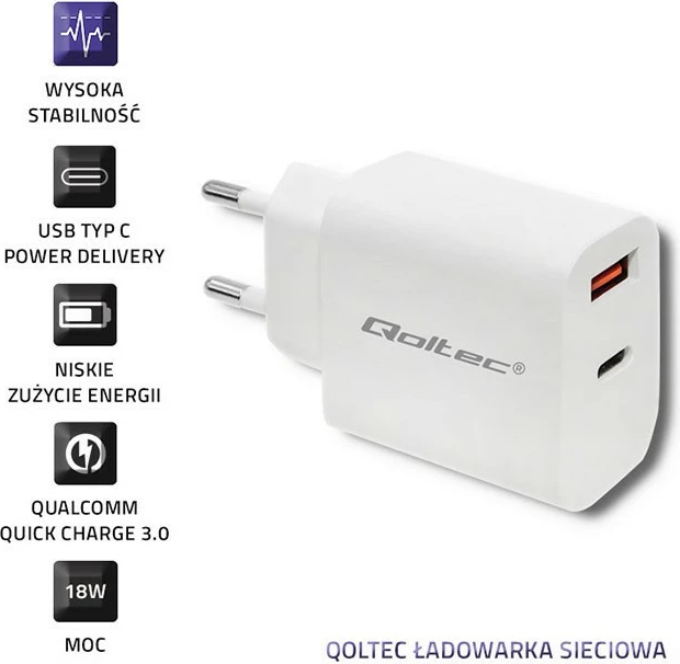 Karikues rrjeti Qoltec 51714, 18W, USB Type C PD & USB QC 3.0, Bardhë