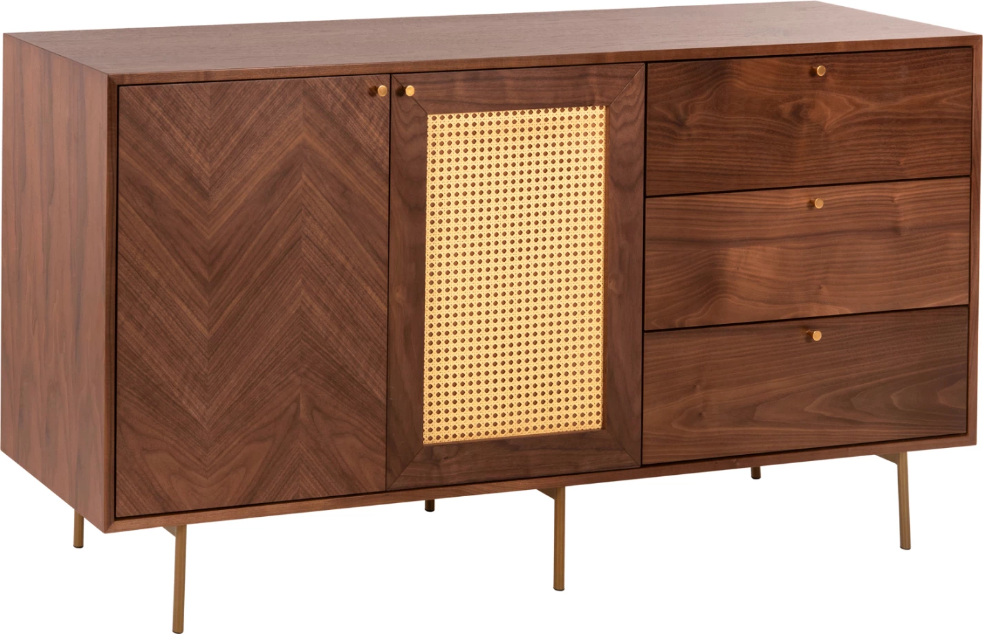 Bufet MEEN, FH9735, MDF, me furnir arre natyrale, këmbë metali të arta, 150x40x80H cm